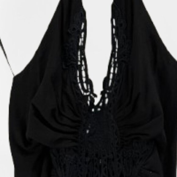 Sky Crochet Plunge Neck Halter Tie Neck Black Maxi Dress Sexy‎ New Small - Picture 5 of 5